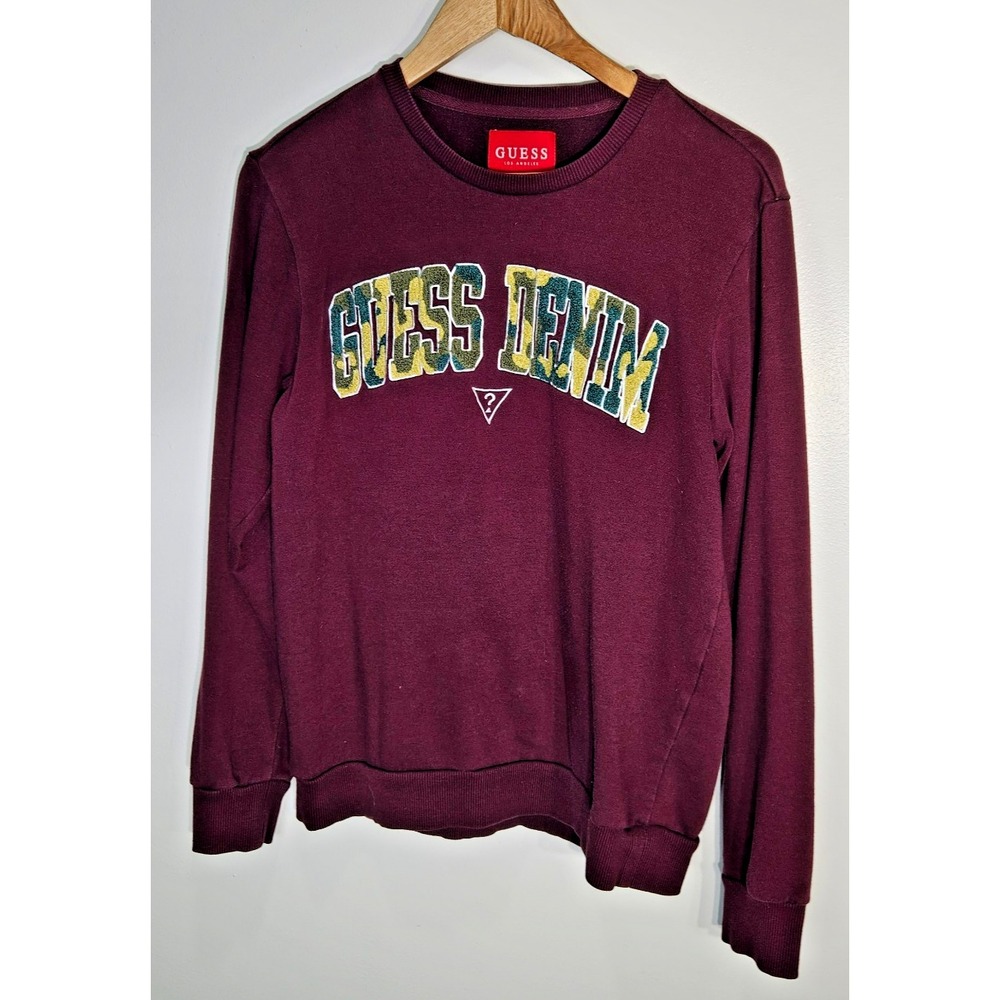 Guess Los Angeles Maroon Fleece Camo Logo Pull Over Sweatshirt Size Small Relaxe